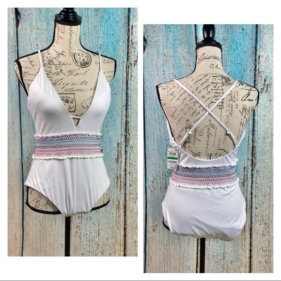 BAR III NWT White Smocked Plunging Swimsuit - Picture 3 of 12